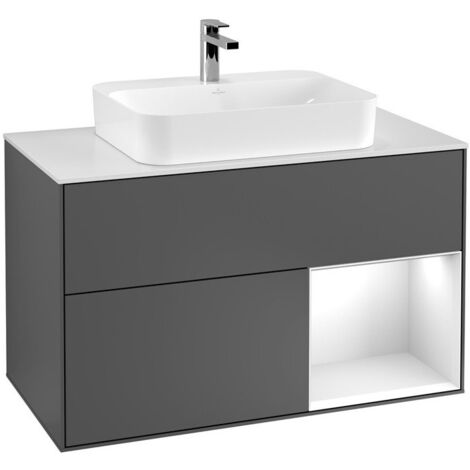Finion, Meubles sous lavabo, 1000 x 603 x 501 mm, Angulaire,avec meuble étagère (éclairé), modèle suspendu, En bois, lavabo au milieu, éclairage LED, 1x LED / 2,3W, 2700 K à 6480 K, Glossy White Lacqu
