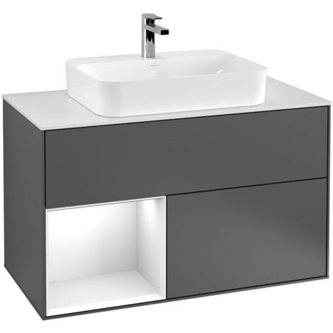 Finion, Meubles sous lavabo, 1000 x 603 x 501 mm, Angulaire,avec meuble étagère (éclairé), modèle suspendu, En bois, lavabo au milieu, éclairage LED, 1x LED / 2,3W, 2700 K à 6480 K, Glossy White Lacqu