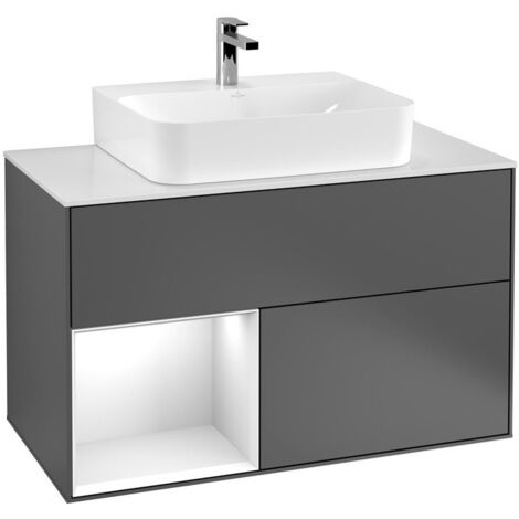 Finion, Meubles sous lavabo, 1000 x 603 x 501 mm, Angulaire,avec meuble étagère (éclairé), modèle suspendu, En bois, lavabo au milieu, éclairage LED, 1x LED / 2,3W, 2700 K à 6480 K, Glossy White Lacqu