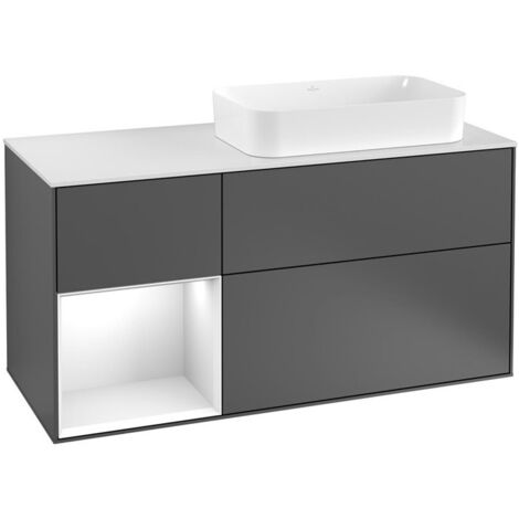 Finion, Meubles sous lavabo, 1200 x 603 x 501 mm, Angulaire,avec meuble étagère (éclairé), modèle suspendu, En bois, lavabo à droite, éclairage LED, 1x LED / 2,3W, 2700 K à 6480 K, Glossy White Lacque