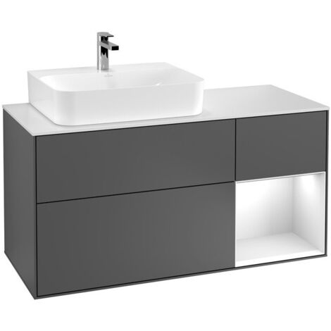 Finion, Meubles sous lavabo, 1200 x 603 x 501 mm, Angulaire,avec meuble étagère (éclairé), modèle suspendu, En bois, lavabo à gauche, éclairage LED, 1x LED / 2,3W, 2700 K à 6480 K, Glossy White Lacque