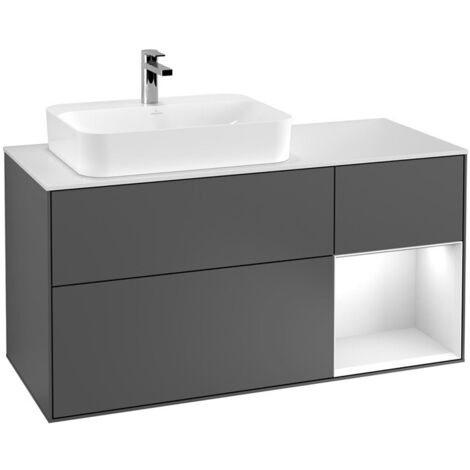 Finion, Meubles sous lavabo, 1200 x 603 x 501 mm, Angulaire,avec meuble étagère (éclairé), modèle suspendu, En bois, lavabo à gauche, éclairage LED, 1x LED / 2,3W, 2700 K à 6480 K, Glossy White Lacque