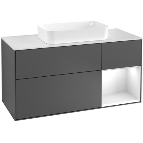 Finion, Meubles sous lavabo, 1200 x 603 x 501 mm, Angulaire,avec meuble étagère (éclairé), modèle suspendu, En bois, lavabo au milieu, éclairage LED, 1x LED / 2,3W, 2700 K à 6480 K, Glossy White Lacqu