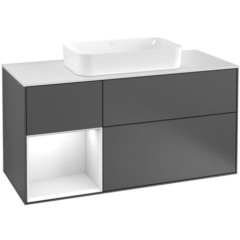 Finion, Meubles sous lavabo, 1200 x 603 x 501 mm, Angulaire,avec meuble étagère (éclairé), modèle suspendu, En bois, lavabo au milieu, éclairage LED, 1x LED / 2,3W, 2700 K à 6480 K, Glossy White Lacqu