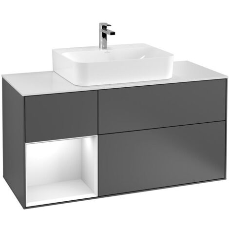Finion, Meubles sous lavabo, 1200 x 603 x 501 mm, Angulaire,avec meuble étagère (éclairé), modèle suspendu, En bois, lavabo au milieu, éclairage LED, 1x LED / 2,3W, 2700 K à 6480 K, Glossy White Lacqu