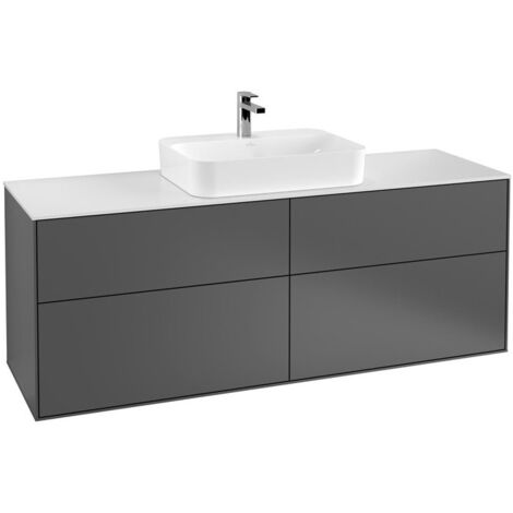 Finion, Meubles sous lavabo, 1600 x 603 x 501 mm, Angulaire,avec éclairage mural, modèle suspendu, En bois, lavabo au milieu, éclairage LED, 2x LED / 4,2W, 2700 K à 6480 K, Glossy White Lacquer