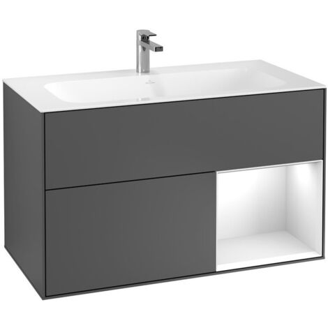 Finion, Meubles sous lavabo, 996 x 591 x 498 mm, Angulaire,avec meuble étagère (éclairé), modèle suspendu, En bois, éclairage LED, 1x LED / 2,3W, 2700 K à 6480 K, Glossy White Lacquer