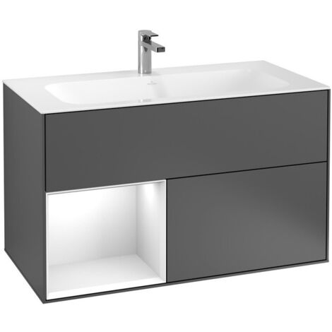 Finion, Meubles sous lavabo, 996 x 591 x 498 mm, Angulaire,avec meuble étagère (éclairé), modèle suspendu, En bois, éclairage LED, 1x LED / 2,3W, 2x LED / 4,2W, 2700 K à 6480 K, Glossy White Lacquer