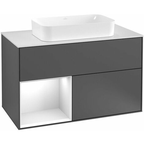 Finion, Mobili lavabo, 1000 x 603 x 501 mm, Angolari, con scaffale (illuminato), modello sospeso, In legno, lavabo al centro, illuminazione a LED, 1x LED / 2,3W, 2x LED / 4,2W, 2700 K a 6480 K, Laccat