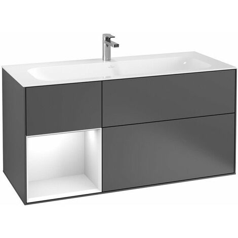 Finion, Mobili lavabo, 1196 x 591 x 498 mm, Angolare, con scaffale (illuminato), modello sospeso, In legno, Illuminazione LED, 1x LED / 2,3W, 2x LED / 4,2W, da 2700 K a 6480 K , Bianco Lucido Lacca