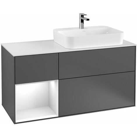 Finion, Mobili lavabo, 1200 x 603 x 501 mm, Angolare, con scaffale (illuminato), modello sospeso, In legno, lavabo a destra, illuminazione LED, 1x LED / 2,3W, 2x LED / 4,2W, 2700 K a 6480 K, Laccato B