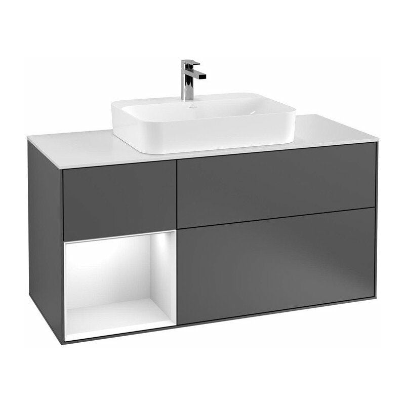 

Finion, Mobili lavabo, 1200 x 603 x 501 mm, Angolare, con scaffale (illuminato), modello sospeso, In legno, lavabo centrale, illuminazione LED, 1x