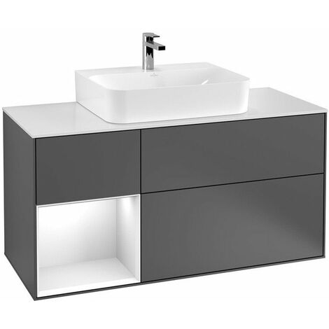 Finion, Mobili lavabo, 1200 x 603 x 501 mm, Angolari, con scaffale (illuminato), modello sospeso, In legno, lavabo centrale, illuminazione a LED, 1x LED / 2,3W, 2x LED / 4,2W, 2700 K a 6480 K, Laccato