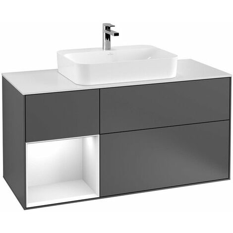 Finion, Mobili lavabo, 1200 x 603 x 501 mm, Angolari, con scaffale (illuminato), modello sospeso, In legno, lavabo centrale, illuminazione a LED, 1x LED / 2,3W, 2x LED / 4,2W, 2700 K a 6480 K, Laccato