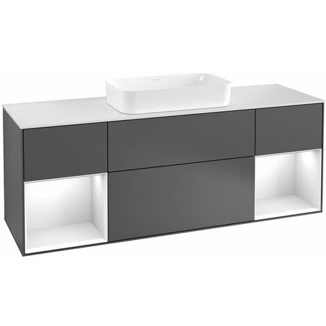 Finion, Mobili lavabo, 1600 x 603 x 501 mm, Angolare, con scaffale (illuminato), modello sospeso, In legno, lavabo centrale, illuminazione LED, 2x LED / 2,3W, 2x LED / 4,2W, 2700 K a 6480 K, Laccato B