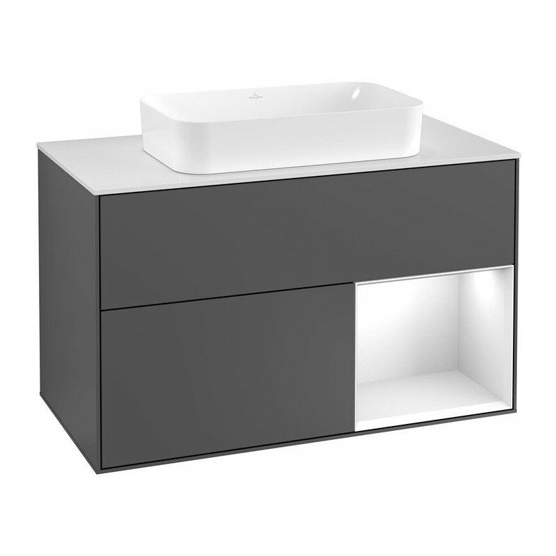 

Finion, Mueble de baño, 1000 x 603 x 501 mm, Angular, con estantería (iluminado), modelo suspendido, De madera, lavabo en el medio, iluminación LED,