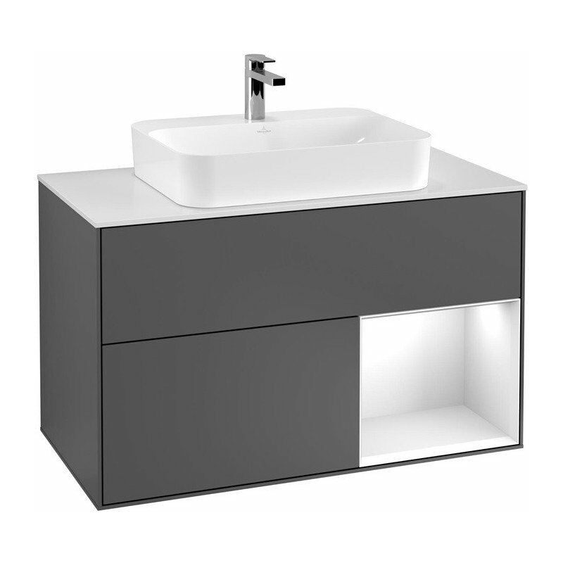 

Finion, Muebles de baño, 1000 x 603 x 501 mm, Angular, con estantería (iluminada), modelo suspendido, De madera, lavabo en el medio, iluminación LED,
