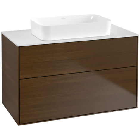 Finion, Muebles de baño, 1000 x 603 x 501 mm, Angular, sin orificio para grifería, modelo suspendido, En madera, lavabo en el medio, Chapa de nogal