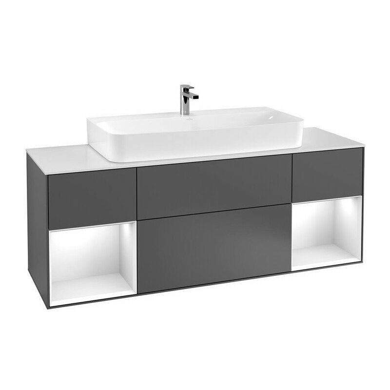 

Finion, Muebles de baño, 1600 x 603 x 501 mm, Angular, con estantería (iluminada), modelo suspendido, En madera, lavabo en el medio, iluminación LED,