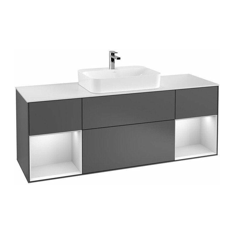 

Villeroy&boch - Finion, Muebles de baño, 1600 x 603 x 501 mm, Angular, con estantería (iluminada), modelo suspendido, En madera, lavabo en el medio,