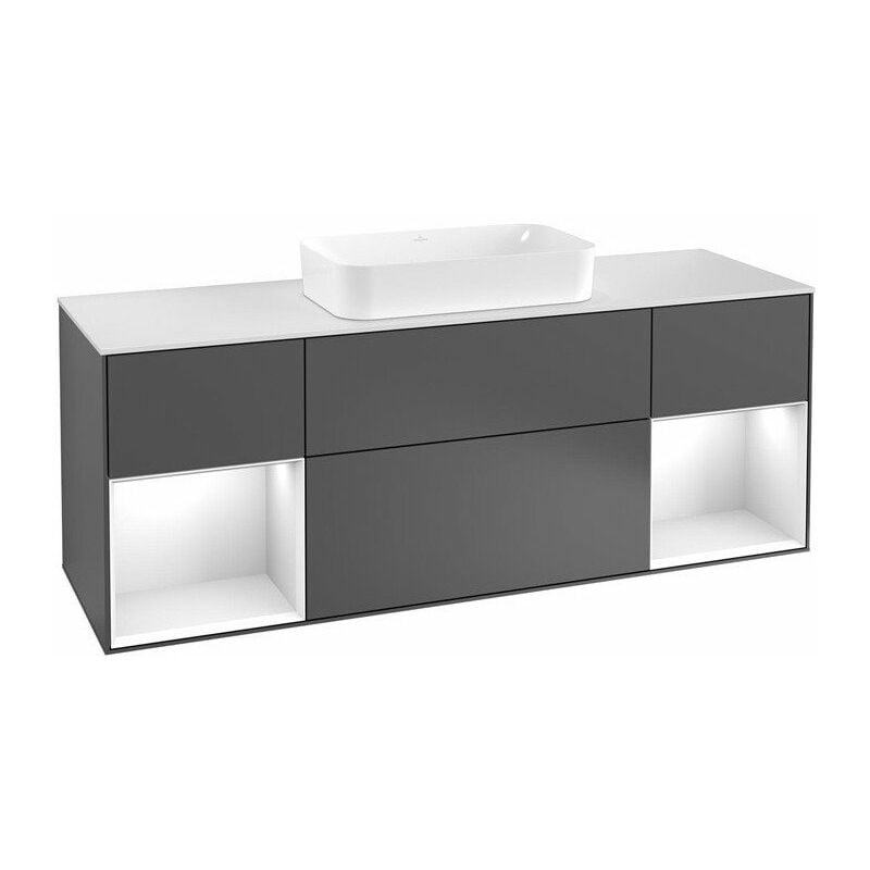 

Finion, Muebles de baño, 1600 x 603 x 501 mm, Angular, con estantería (iluminada), modelo suspendido, En madera, lavabo en el medio, iluminación LED,