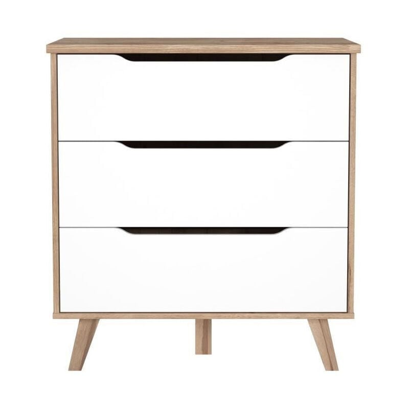 Finlandek Commode de chambre vankka scandinave decor chene et blanc mat + pieds en bois massif - l 80 cm
