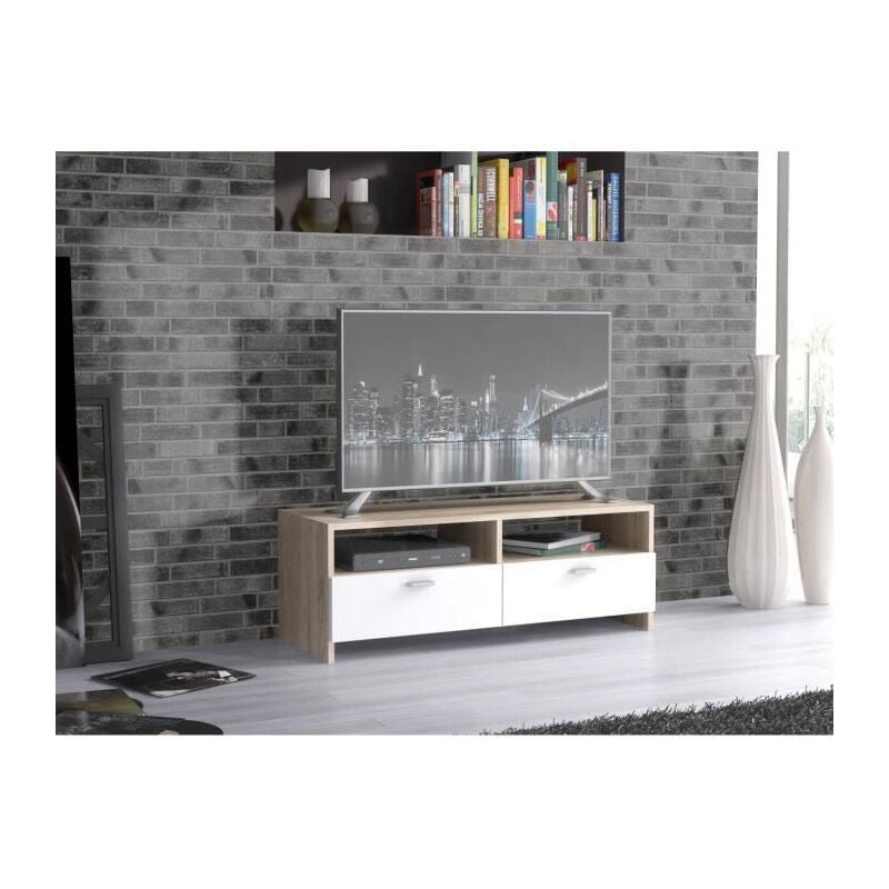 Les Tendances - finlandek Meuble tv helppo contemporain blanc mat et decor chene - l 95 cm