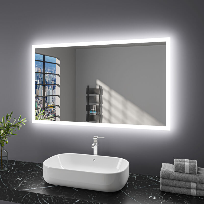 Finmrys - 120x70cm Miroir Salle de Bain avec Eclairage 3 Températures de Couleur, Fonction Mémoire, Anti-buée Interrupteur Tactile IP44 Étanchéité