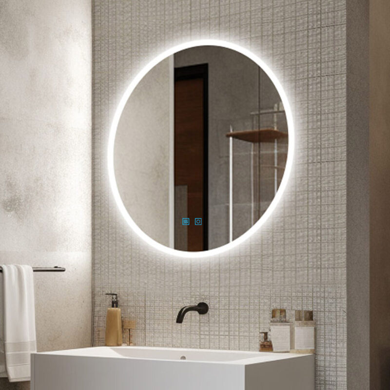 Finmrys - Miroir lumineux de salle de bain rond 60 cm Anti-buée avec Eclairage 3 Températures de Couleur, Fonction Mémoire, Interrupteur Tactile IP44
