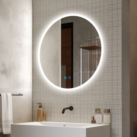 Finmrys Miroir lumineux de salle de bain rond 70 cm Anti-buée avec Eclairage 3 Températures de Couleur, Fonction Mémoire, Interrupteur Tactile IP44 Étanchéité
