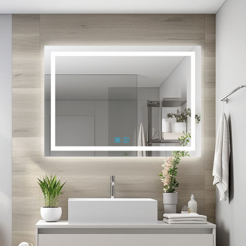 Finmrys - Miroir lumineux de salle de bain 80x60 cm Anti-buée avec Eclairage 3 Températures de Couleur, Fonction Mémoire Horizontal Vertical