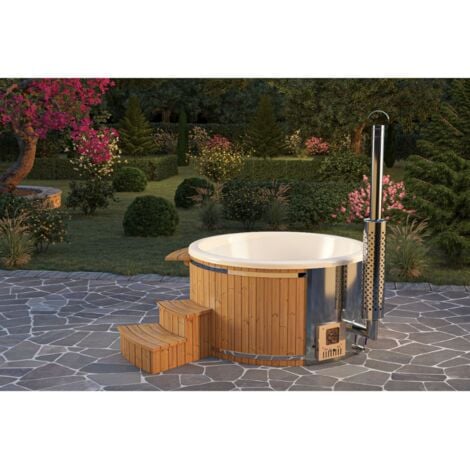 FINNTHERM Badefass Stockholm aus Thermoholz, Badebottich, Hot Tub mit Holzofen, Schwimmbecken, Jacuzzi outdoor, inkl. Minibar, beheizbar, Ø 180 cm , Anthrazit