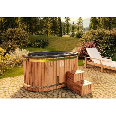Finntherm – Bain nordique Malmö Édition Spa – 2 personnes – 118 x 185 cm – Poêle électrique 6 kW – 12 buses de massage à air – Couvercle en cuir noir