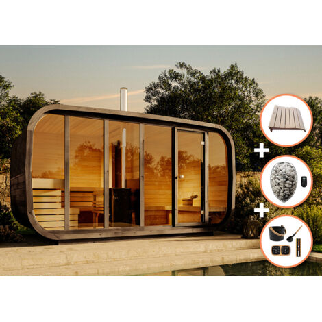 FinnTherm Comfort Set Fasssauna ScandiCube Space Fasssauna 4 Sitzbänke aus Holz, Sauna mit 42 mm Wandstärke, Außensauna mit Montagematerial