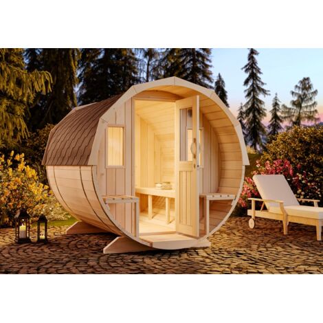 FinnTherm Fass-Sauna Sam Fasssauna 2 Sitzbänke aus Holz, Sauna mit 42 mm Wandstärke, Außensauna mit Montagematerial