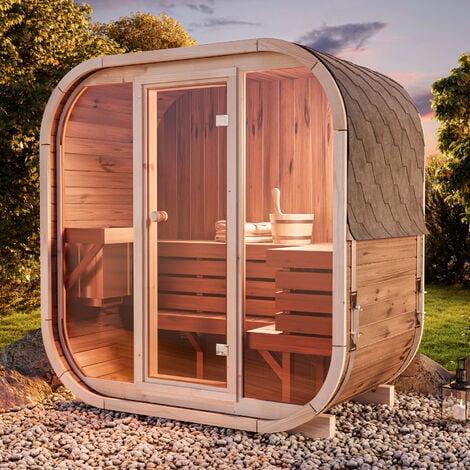 FinnTherm Fasssauna Elipso, Moderne Outdoor Sauna inkl. Dacheindeckung, Kompakte Gartensauna mit Glasfront, Außensauna: B 136 x T 119 x H 203 cm, 3 Personen
