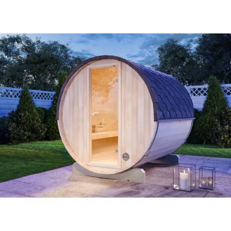 FinnTherm Fasssauna Mini S Fasssauna 2 Sitzbänke aus Holz, Sauna mit 42 mm Wandstärke, Außensauna mit Montagematerial Naturbelassen