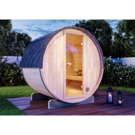 FinnTherm Fasssauna Mini XS Fasssauna 2 Sitzbänke aus Holz , Sauna mit 42 mm Wandstärke, Außensauna mit Montagematerial