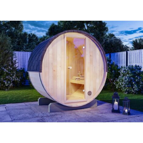 FinnTherm Fasssauna Mini XXS Fasssauna 2 Sitzbänke aus Holz , Sauna mit 42 mm Wandstärke, Außensauna mit Montagematerial