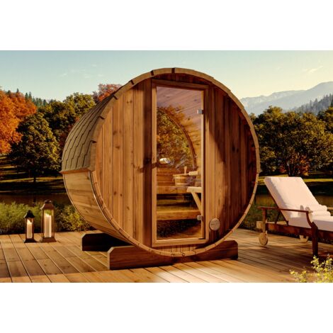FinnTherm Fasssauna mit 3 Sitzbänken aus Holz mit 42 mm Wandstärke Sauna, Naturbelassen, Halbrund-Glas-Rückwand