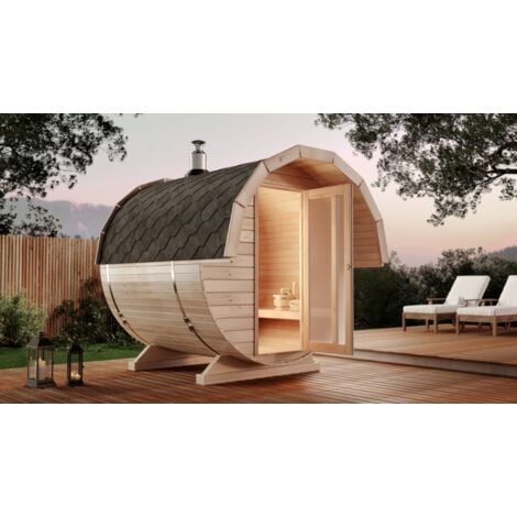 FinnTherm Fasssauna Samantha 2 mit Ofen Sauna aus Holz 42 mm Wandstärke, Naturbelassen