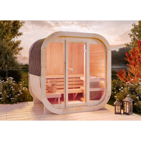 FinnTherm Fasssauna ScandiCube Mini XS Fasssauna 2 Sitzbänke aus Holz, Sauna mit 42 mm Wandstärke, Außensauna mit Montagematerial