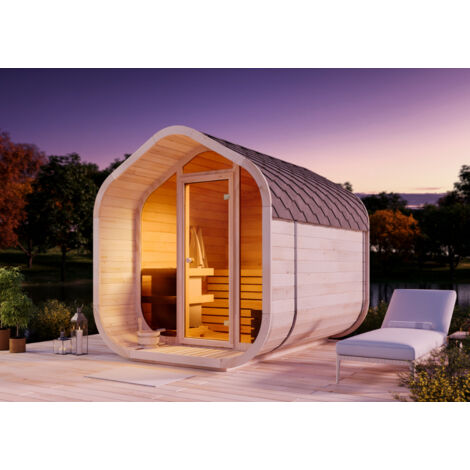 FinnTherm Fasssauna ScandiCube Wave Comfort Fasssauna 3 Sitzbänke aus Holz, Sauna mit 42 mm Wandstärke, Außensauna mit Montagematerial
