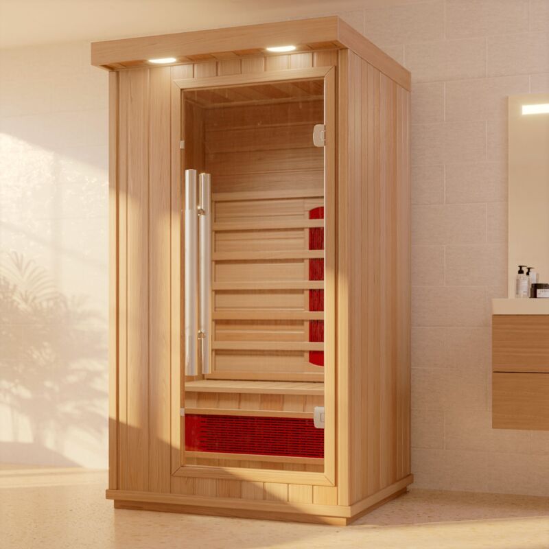 FinnTherm Infrarotkabine Freya 1 Sitzbänke aus Holz in Naturbelassen Saunakabine Wandstärke 45 mm Systemsauna Naturbelassen  - Onlineshop ManoMano