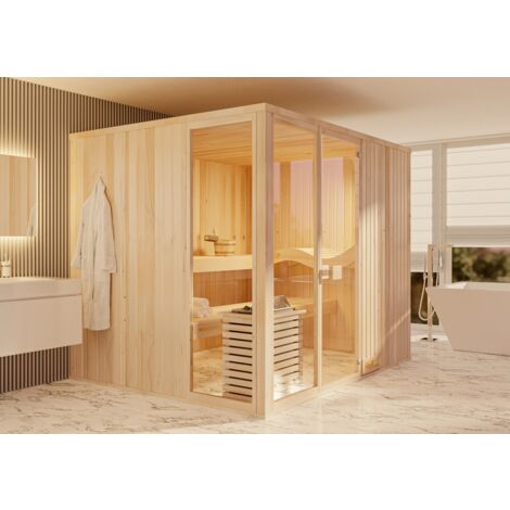 FinnTherm Innensauna Ergo Panorama Innensauna 3 Sitzbänke aus Holz , Saunakabine mit 40 mm Wandstärke, Dampfsauna mit Montagematerial
