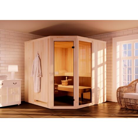 FinnTherm Innensauna Family Innensauna 2 Sitzbänke aus Holz, Saunakabine mit 40 mm Wandstärke, Dampfsauna mit Montagematerial Naturbelassen