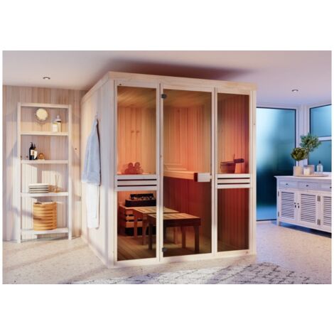FinnTherm Innensauna Karina Innensauna 2 Sitzbänke aus Holz , Saunakabine mit 40 mm Wandstärke, Dampfsauna mit Montagematerial