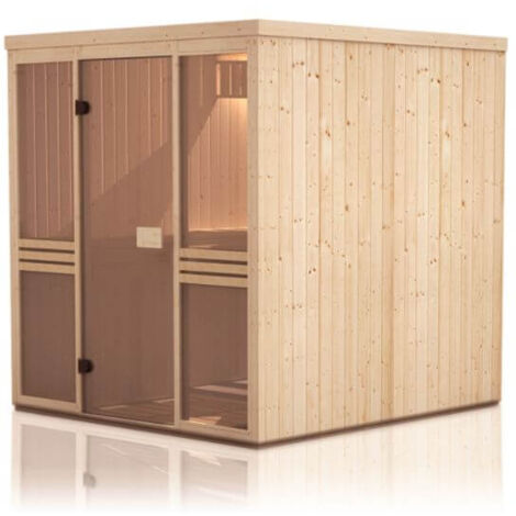 FinnTherm Innensauna Karina Innensauna 2 Sitzbänke aus Holz , Saunakabine mit 40 mm Wandstärke, Dampfsauna mit Montagematerial Naturbelassen