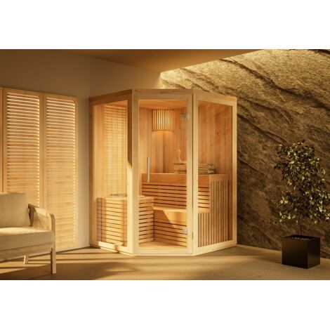 FinnTherm Innensauna Ylva Innensauna 1 Sitzbänke aus Holz, Saunakabine mit 68 mm Wandstärke, Dampfsauna mit Montagematerial