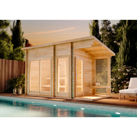 FinnTherm Saunahaus Lizzy M Gartensauna 2 Sitzbänke aus Holz, Sauna mit 40 mm Wandstärke, Außensauna mit Montagematerial